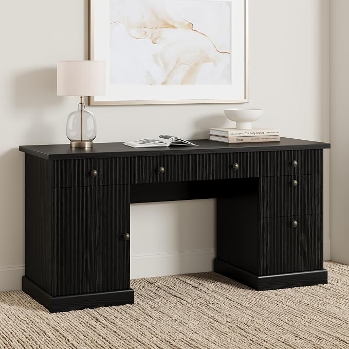 Garvee 60" Office Desk with Storage & Drawers. Fluted Wood Computer Desk with Power Outlet & Adjustable Shelves.Modern Executive Desk for Home Office/Bedroom/Gaming-Black