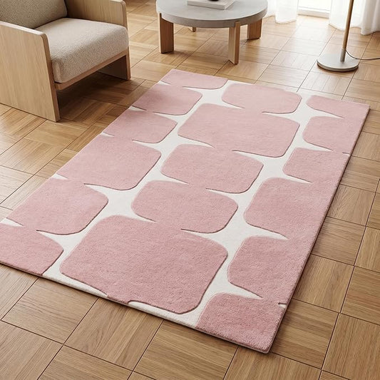Restoration and Renovation Modern Wool Area Rug - Contemporary Abstract Geometric Design, Thick & Soft Hand-Tufted Carpet - Ideal for Indoor Decor in Living Room, Bedroom (Pink, 2.6' x 8')