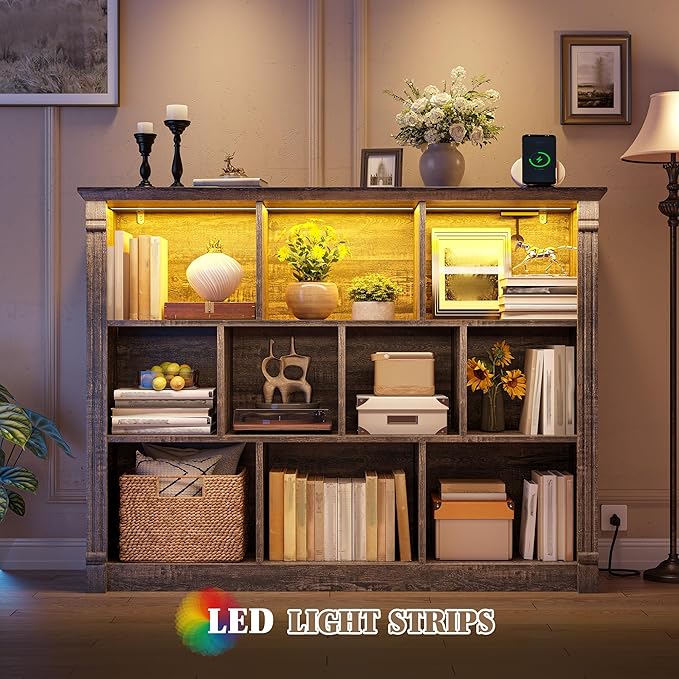 EnHomee 10 Cube Storage Organizer with LED Light and Charging Station Wood Cube Shelf Display Cabinet for Bedroom, Living Room, Office, Black Oak