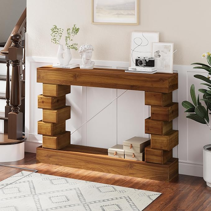 Wood Console Table, 47.24" Retro Long Boho Sofa Table Behind Couch with Geometric Block Stacked Design, Wooden Narrow Sofa Table Hall Table for Living Room Foyer Entrance Entryway, Brown