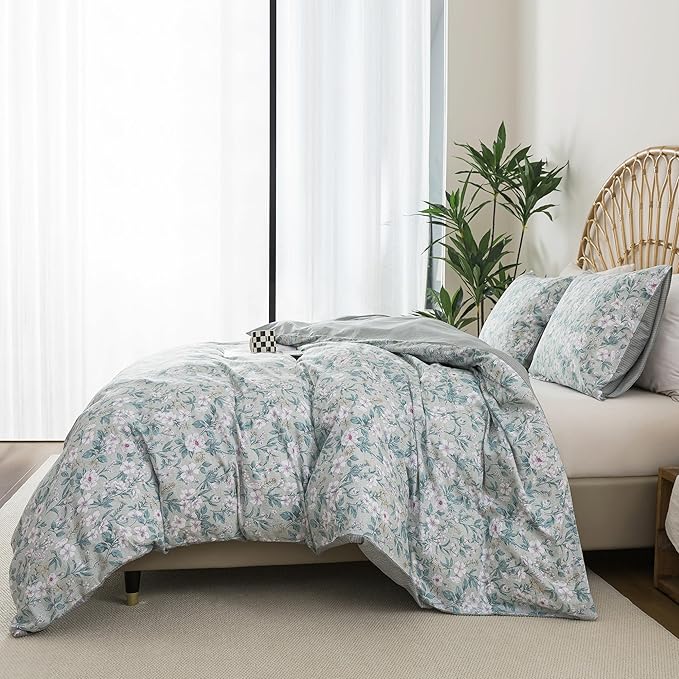 HoneiLife Botanical Duvet Cover King - 100% Cotton Comforter Cover 3-PC, Floral Bedlinen Set with Zipper Closure & Corner Ties, Wildflower Comforter Cover Sets, Greenery