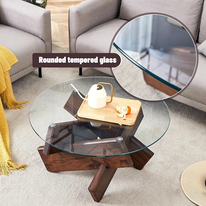 Round Glass Coffee Table, 33.4 Inch Clear Tempered Glass Top Coffee Table with Walnut Crossed Legs, Modern Small Glass Center Table for Living Room Home
