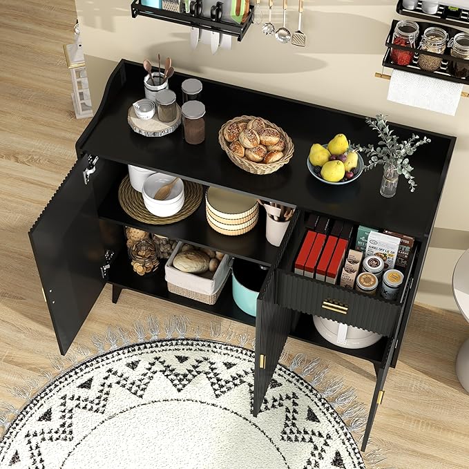 Black Buffet Cabinet with Storage: 47" Fluted Sideboard Cabinet with Drawers, Wood Accent Cabinet with 3 Doors, Wood Credenzas for Living Room, Kitchen (47")