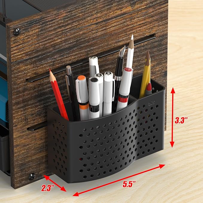 Simple Houseware Mesh Desk Organizer with Wooden Side Board and Metal Bars, 3 Shelves and 5 Upright Sections, Rustic Brown