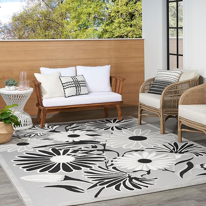 Nourison Home Aloha Black White 9' x 12' Area Rug - Easy Clean, Non Shedding, Bed Room, Living Room, Dining Room, Kitchen (9' x 12')