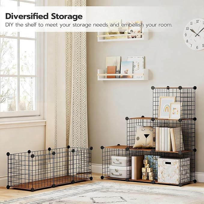 HOOBRO Wire Cube Storage Organizer, 9-Cube Shelves, Modular Shelves with Metal Grid, DIY Closet Cabinet for Living Room, Bedroom, Rustic Brown and Black BF09CW01