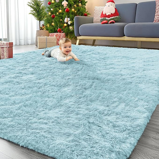 OLANLY 9x12 Machine Washable Large Area Rugs for Living Room, Bedroom, Soft Fluffy Shaggy Bedside Rug, Indoor Floor Carpet for Kids Girls and Boys, Dorms, Nursery, Home Decor Aesthetic, Light Blue