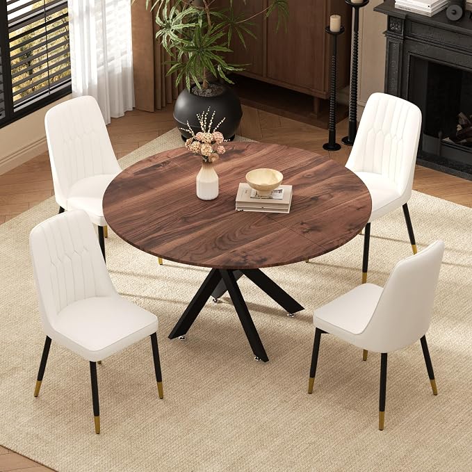 RGZ Mid Century Walnut Round Dining Table Set for 4, 47" Large Wooden Circle Kitchen Table & 4 White PU Leather Kitchen Chairs, Dinner Table Set for Home, Apartment, Dining Room