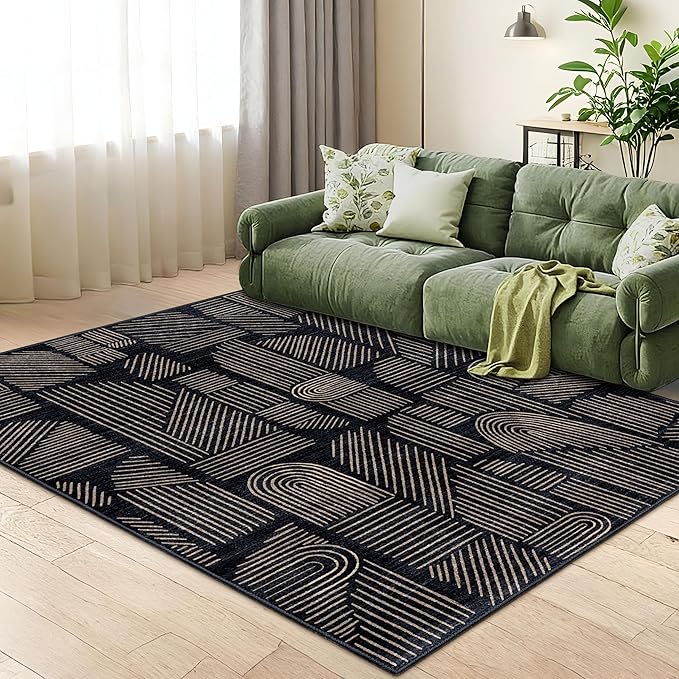 MUJOO 5x7 Washable Area Rug,Mid Century Modern Abstract Non Slip Low Pile Rug,Black and Gold Rug for Living Room Bedroom Dining Room
