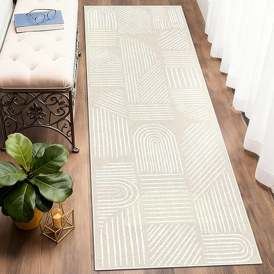 MUJOO 2x6 Runner Rug Washable,Mid Century Modern Abstract Non Slip Low Pile Runner Rug,Neutral Beige and White Rug for Hallway Kitchen Entryway