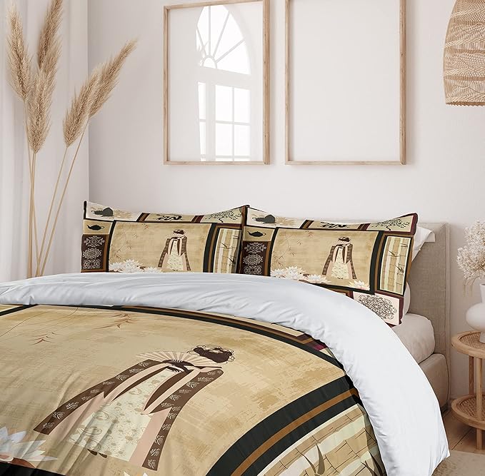 Ambesonne Japanese Duvet Cover Set, Girl in Traditional Dress and Cultural Patterns Ornaments Antique Eastern Collage, Decorative 3 Piece Bedding Set with 2 Pillow Shams, California King, Brown Cream