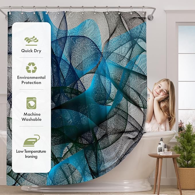 AmazerBath Shower Curtain Blue, Abstract Black Striped Cloth Shower Curtain Sets with 12 Shower Curtain Hooks, Luxury Rustic Fabric Washable Shower Curtain for Bathroom Home Decor, 72x72 Inches