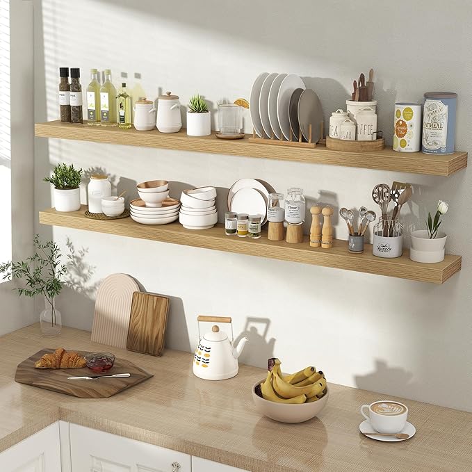 55 Inch Floating Shelves for Wall 2 Pack, 55" Wall Shelves for Books, Storage, Decor, Wall Mounted Floating Shelf with Invisible Brackets for Kitchen, Living Room, Oak