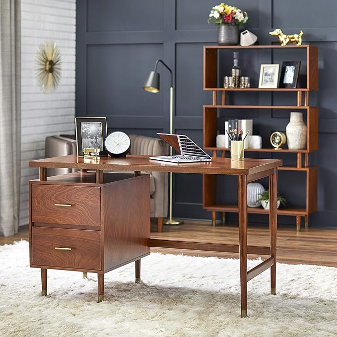 Margo 50" Wide Mid-Century Modern Wood Desk with Drawers, Stylish Elevated Top Design, Solid Pine Wood Tapered Legs, Computer Desk for Home Office & Study, Walnut