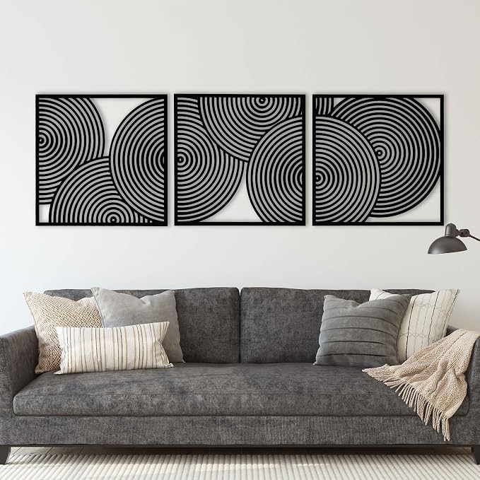 Large Midcentury Modern Wood Wall Art Trio, Geometric Wood Panels with Bold Circular Cutouts, Boho Living Room Decor Above Sofa or Bed #83