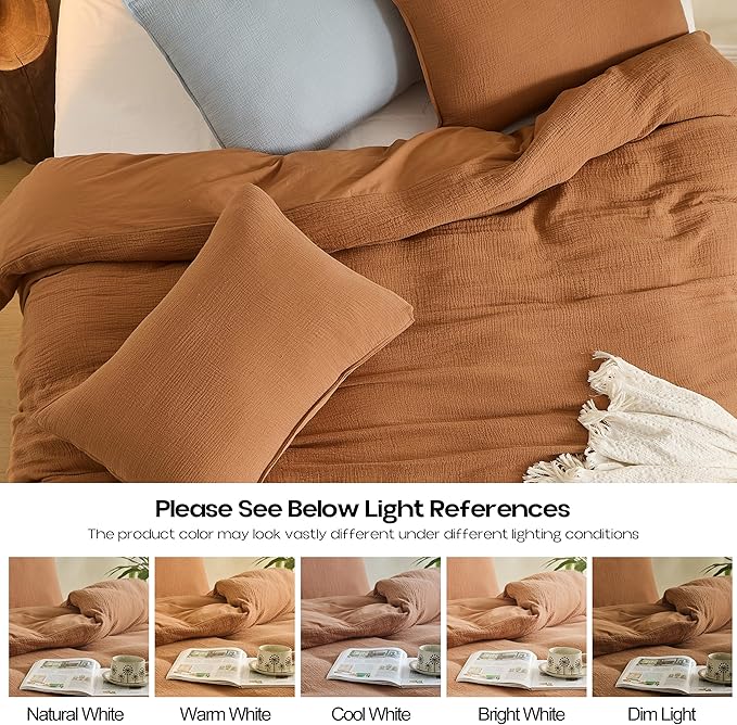 Simple&Opulence Linen Muslin Duvet Cover Set Twin Size, 3Pcs Rust Linen Cotton 3-Layer Gauze Minimalist Comforter Cover 68”x86”, Ultra Soft Breathable Seersucker Bedding Set with 1 Pillowcase