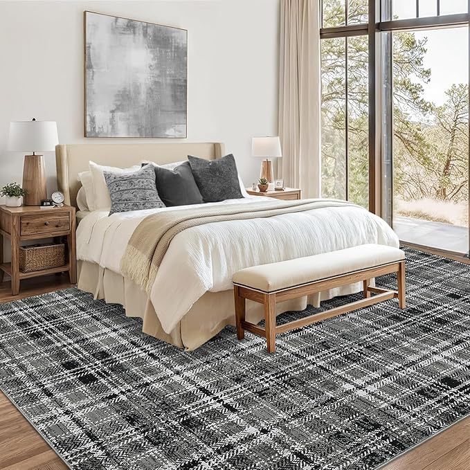 Washable Rugs 8x10 Rug for Living Room Soft Bedroom Rug Modern Plaid Black Large Area Rug Non Slip Throw Rugs Non Shedding Stain Resistant Carpet for Nursery Dining Room 8'x10' Black/Grey