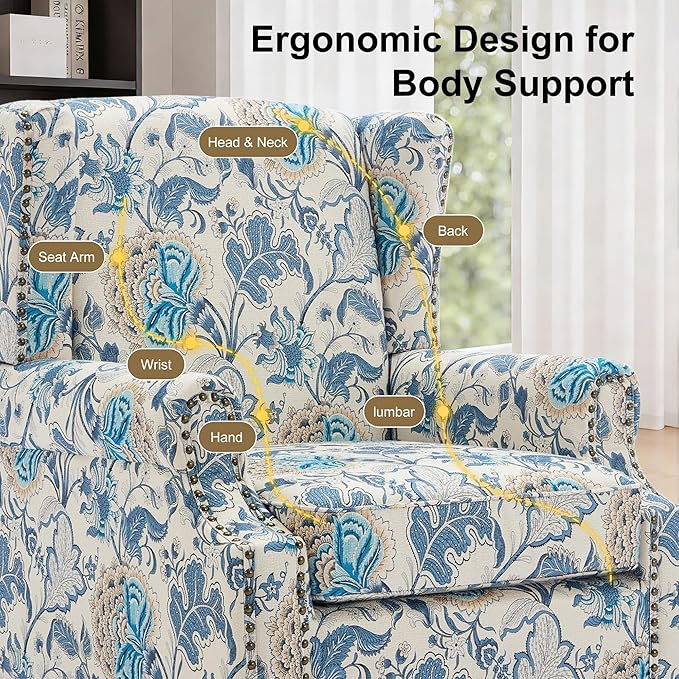 Wingback Chair, High Back Floral Accent Chair in Fabric, Comfy Upholstered Armchair with Nailhead Trim for Living Room, Single Sofa Reading Chair for Small Spaces, Bedroom-Boho Blue