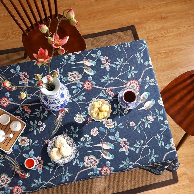 patdrea Designer Vintage Dark Blue Linen Rectangular Tablecloth,Navy French Floral and Birds Pattern Table Cloth,Decoration Table Cover for Kitchen,Dining,Tea Party,Home,Christmas,55"*79"
