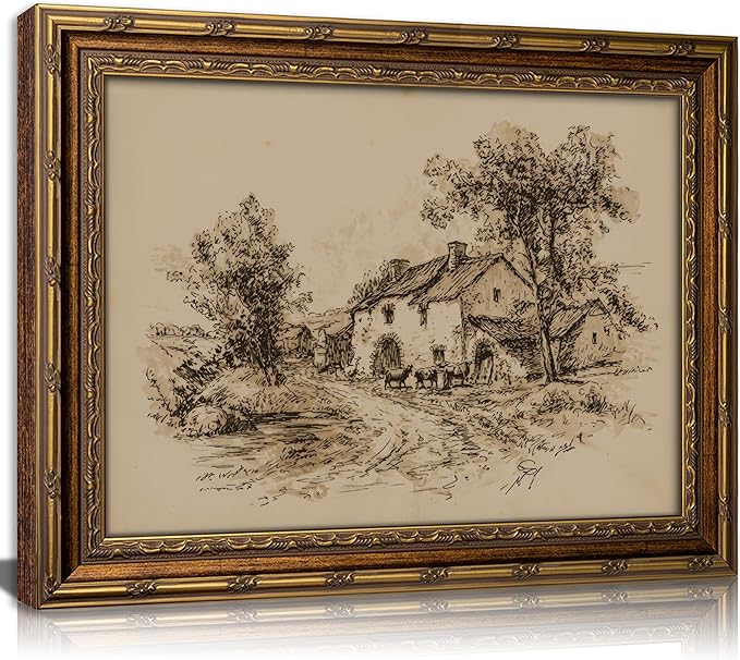 Vintage Gold Framed Farmhouse Sketch Wall Art，Retro Country Cottage with Cattle Canvas Prints, Antique Rural Farm Scene Drawing Poster Artwork for Living Room Bedroom Kitchen Wall Decor，12x16in