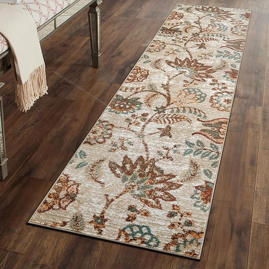 Rugshop Beige Floral Runner Rug- Vintage Botanical Indoor Carpet for Living Room, Bedroom, or Dining Room – Non-Shedding, Soft Low-Pile Traditional Runner Rug 2' 3" x 12'