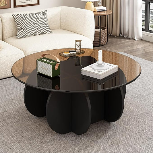 Round Coffee Table, Mid Century Modern Design, 31.5'' Modern Round Tempered Glass Coffee Tables for Living Room, Cocktail Table for Small Space Home Office. (Black + Brown)