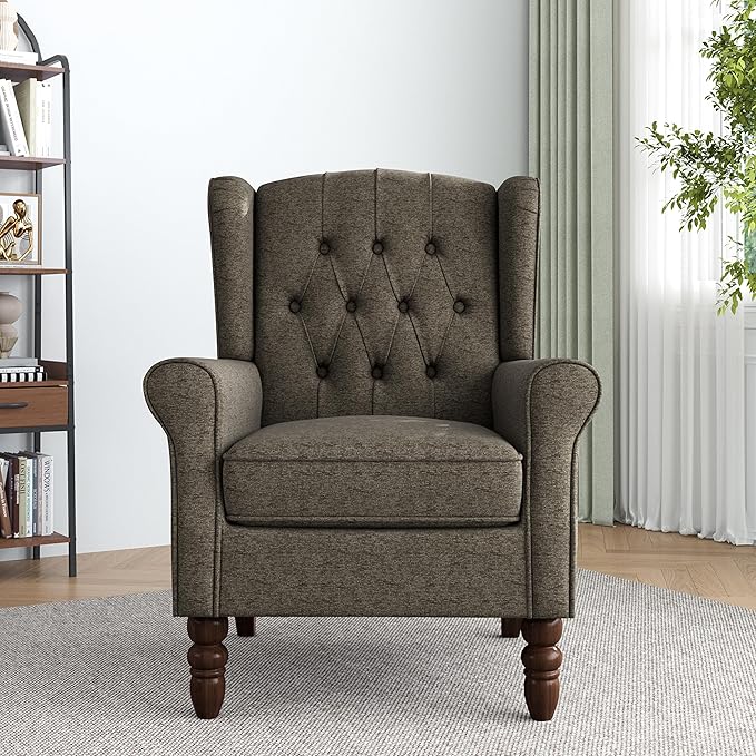 Accent Chair, High Back Upholstered Chair with Button Tufted, Mid-Century Modern Comfy Wingback Chair Reading Armchair in Fabric for Living Room for Bedroom, Office-Taupe