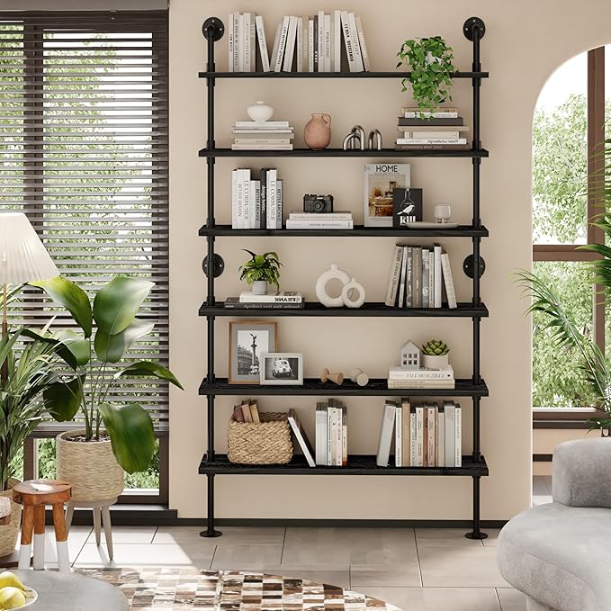 6 Tier Industrial Ladder Shelf Bookcase, Wall Mounted Rustic Bookshelf for Living Room Decor and Storage (Black, 6 Tier - 10" D x 48" W x 82.5" H)