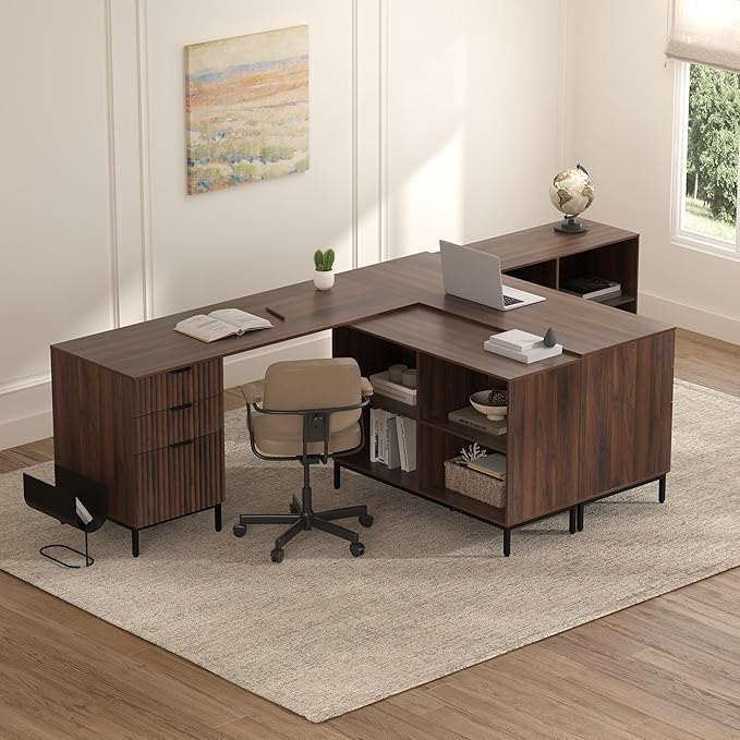 60" L Shaped Fluted Desk, Computer Desk with Movable Storage Cabinet Home Office Desk with 3 Drawers Metal Legs Corner Desk for Gaming Study, Brown