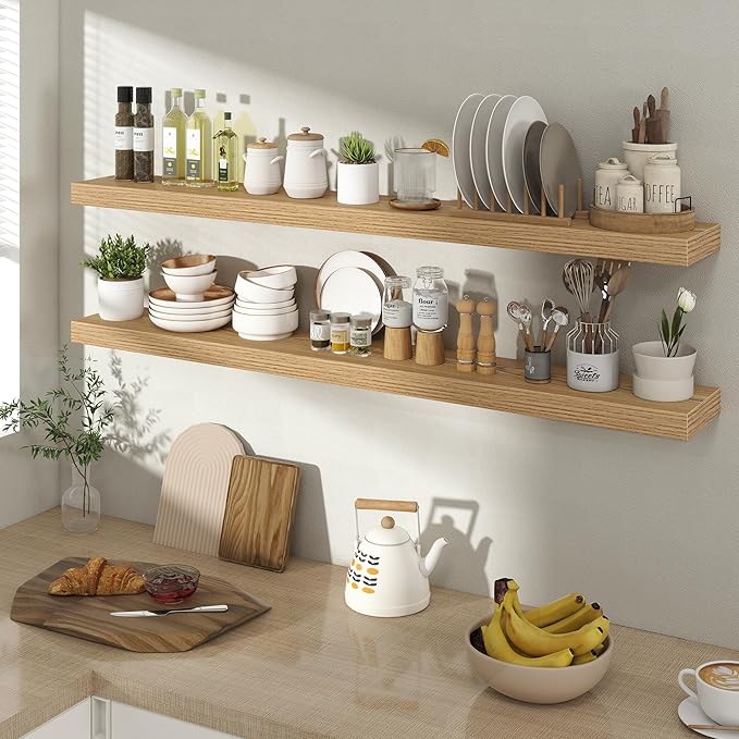 48 Inch Floating Shelves for Wall 2 Pack, 48" Wall Shelves for Books, Storage, Decor, Wall Mounted Floating Shelf with Invisible Brackets for Kitchen, Living Room, Light Brown