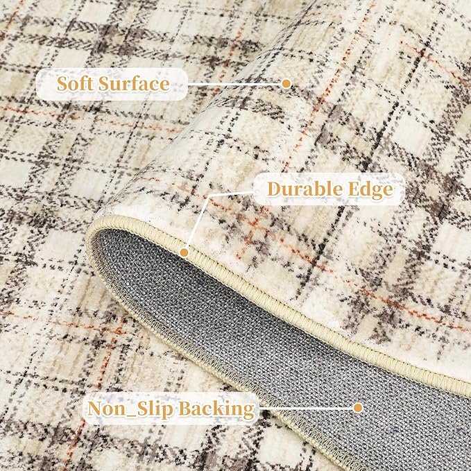 Modern Washable 8x10 Area Rug - Soft, Non-Slip, Stain Resistant, Farmhouse Tartan Plaid for Living Room, Bedroom, Nursery, Office - Beige