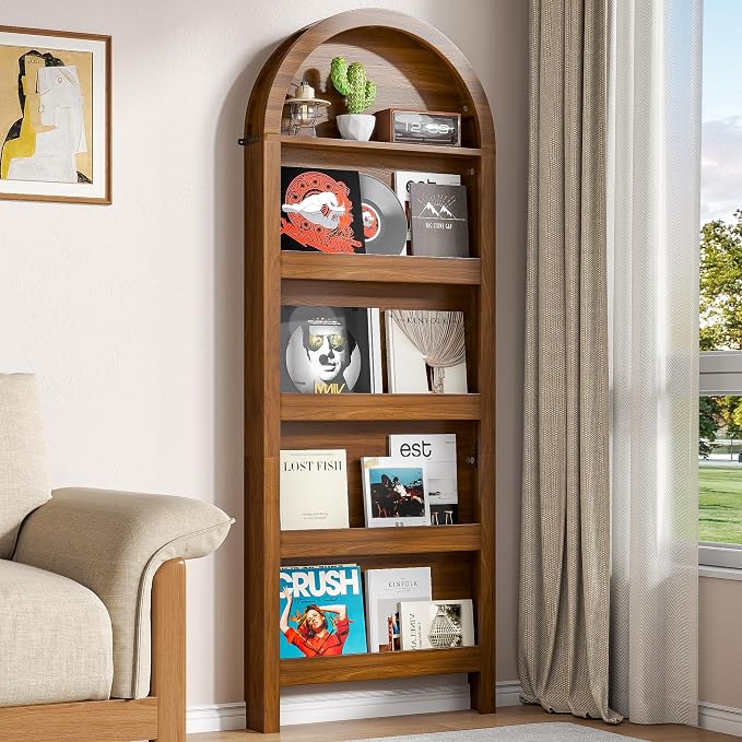 Narrow Tall Wall Mounted Bookshelf for Living Room Bedroom (Brown)