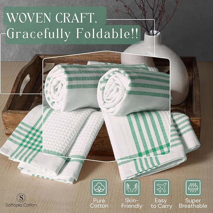 Waffle White & Dark Green Kitchen Towels 4 Pack, 100% Cotton, 16x26 inches, Super Absorbent Tea Towel for Drying Dishes, Quick Drying Kitchen Cloth Set for Daily Cooking, Cleaning