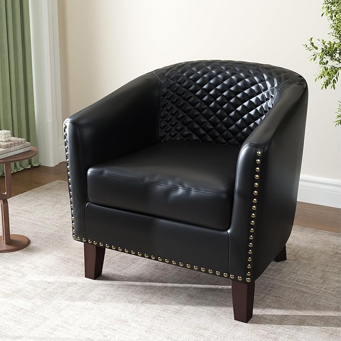 Accent Barrel Chair, Upholstered Faux Leather Club Chair with Nailed Trim, Comfy Reading Armchair for Living Room Bedroom Reception Room Office (Black, Set of 2)