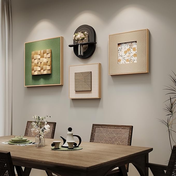 Large Framed 3D Wall Art for Living Room, 4 Piece Textured Wood Abstract Paintings Artwork for Walls, Minimalist Green Beige Geometric Pictures Wall Art Decor Set for Dining Room, Hallway, Office
