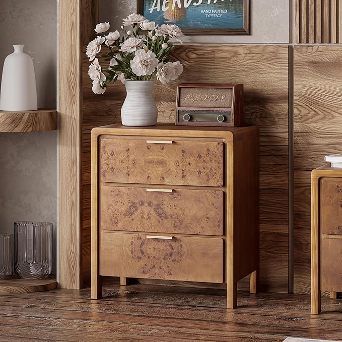 COZAYH Farmhouse Nightstand Set of 2 with 3 Drawer, Distressed Wood Rustic Accent Dresser, Burl Finish Bedside Table for Bedroom, Entryway, Fully Assembled, Brown