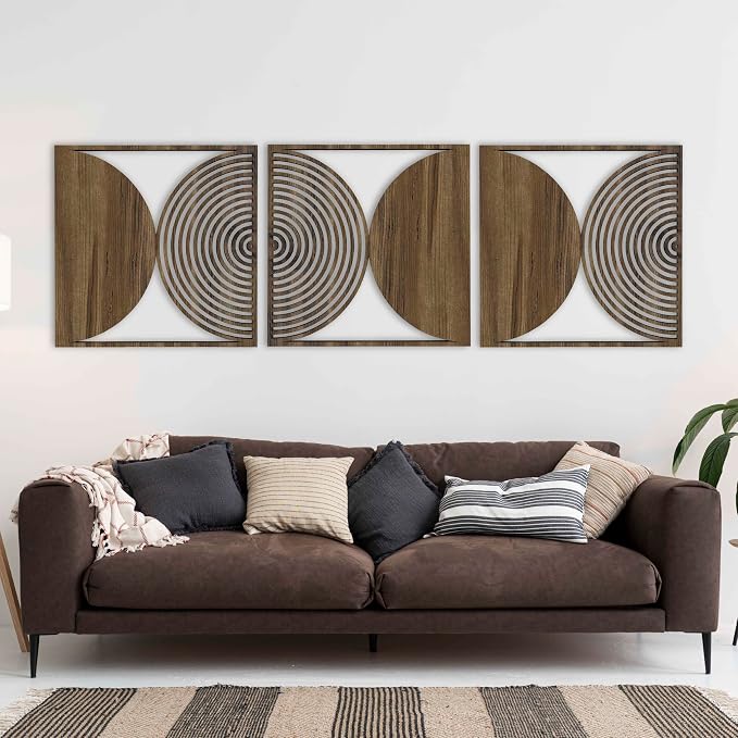 Geometric Mid Century Modern Decor, Rustic Boho Wood Wall Art, Large Wood Wall Decor Over the Bed, Circular Wall Panels for Living Room