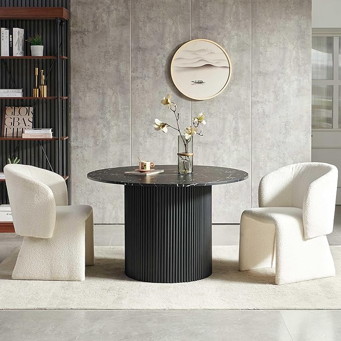 NORDICANA 3-Piece Round Dining Table Set for 2, Modern 47-Inch Kitchen Table and Chair Set, Dining Set with Off White Upholstered Armchairs, Manufactured Wood Top with Black Marble Effect Finish