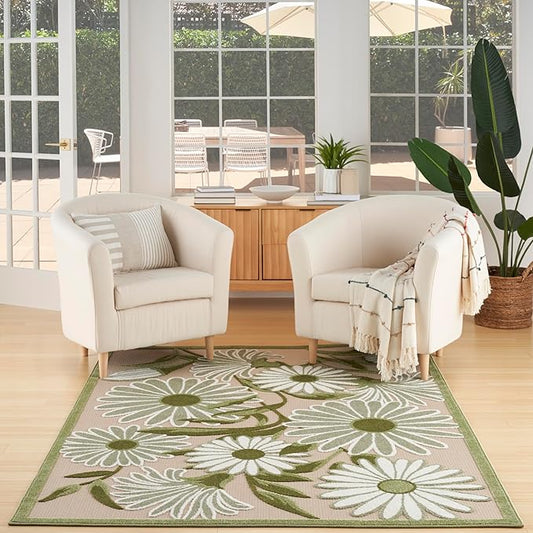 Nourison Home Aloha Ivory Green 3'6" x 5'6" Area Rug - Easy Clean, Non Shedding, Bed Room, Living Room, Dining Room, Kitchen (4' x 6')