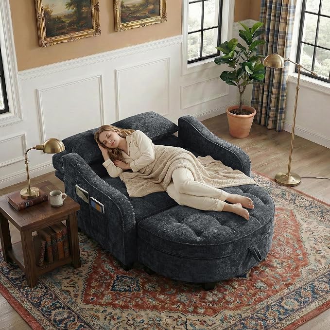 Round Chaise Lounge Chair with Storage Ottoman, Oversized Bubble Chair and a Half Featuring Adjustable Backrest, Plush Reading Accent Chair and Ottoman Set for Bedroom, Matte Black