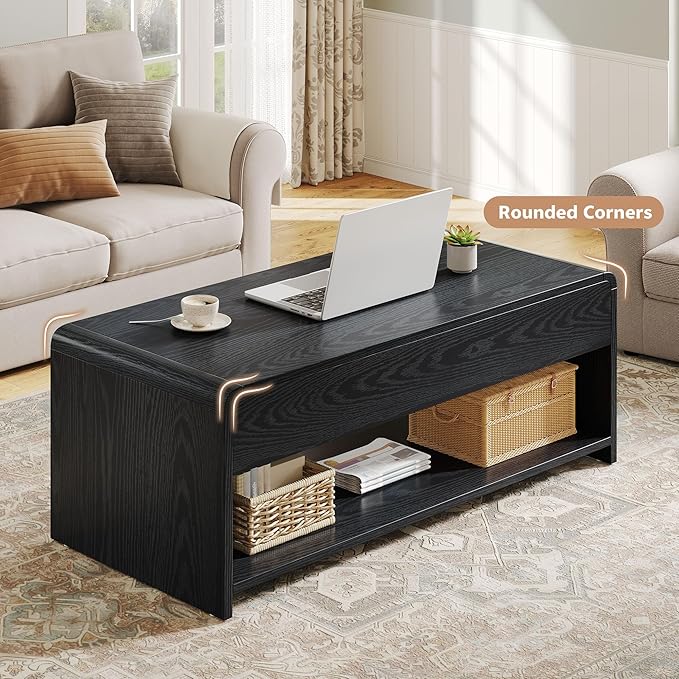 Lift Top Coffee Table, 35'' Multi-Function Coffee Table with Hidden Compartment & Open Shelf, Curved Profile Design, Converts to Home Office Table, Dining Table for Living Room, Black