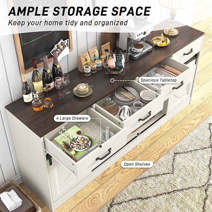 70” Large Buffet Sideboard Cabinet w/4 Drawer,Farmhouse Coffee Bar Cabinet Buffet with Storage,Sliding Door,Long Kitchen Buffet Table,Kitchen Sideboard Storage Cabinet,Credenza for Dining Room,White