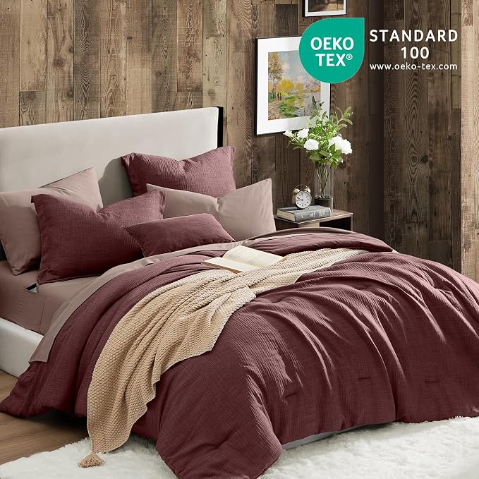 Geniospin King Size Comforter Set- 7 Piece Burgundy Textured King Bedding Set, Soft Solid Bed in a Bag for All Season, King Comforter Set with Sheets(Burgundy,102''x90'')
