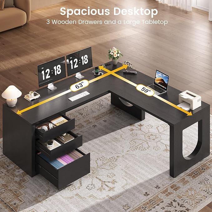 SEDETA 63" L Shaped Desk with 3 Drawers, Modern Executive Office Desk with File Drawer, Wood Corner Computer Desk with U-Shaped Legs & Relief Texture, Home Office Desk with Power Outlet, Black