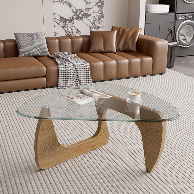 Modern Glass Coffee Table, Triangle Center Table with Tempered Glass Top& Unique Wooden Base, 42.5” Mid Century Tea Tables for Living Room, Apartment, Office,Wood &Transparent