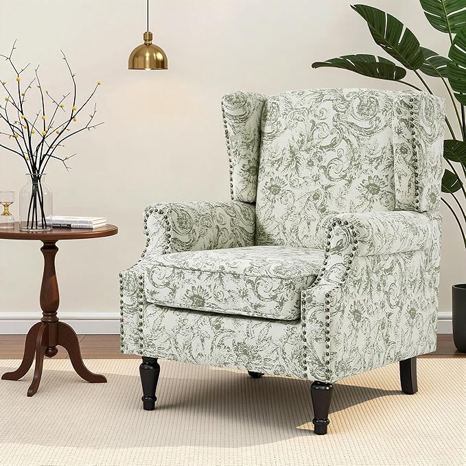 Wingback Chair, High Back Floral Accent Chair in Fabric, Comfy Upholstered Armchair with Nailhead Trim for Living Room, Single Sofa Reading Chair for Small Spaces, Bedroom-Rococo Green