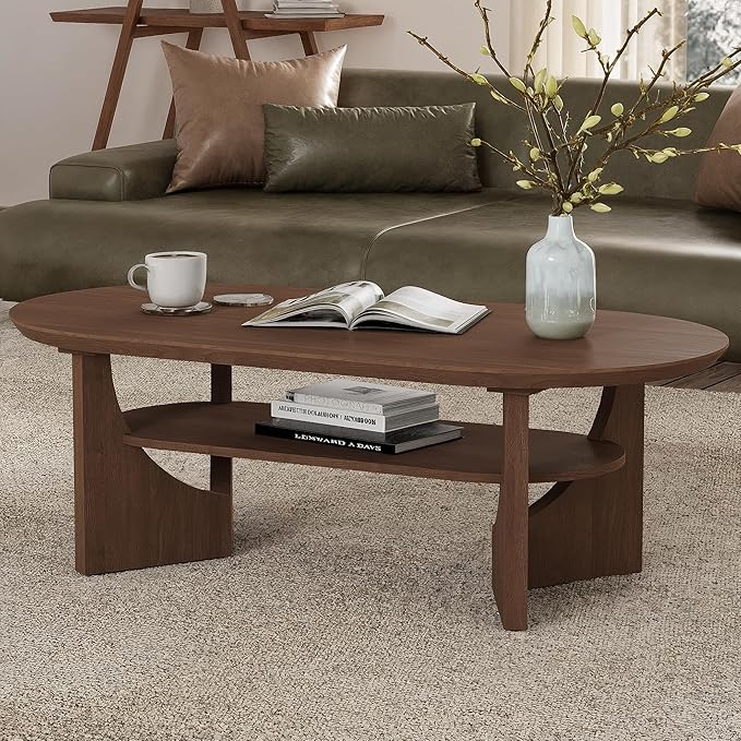 Mid Century Modern Coffee Table, 47" Oval Wood Coffee Tables for Living Room, 2 Tier Curved Round Center Table with Storage Shelf & Sturdy Base, Minimalist Retro Tea Tables, Walnut