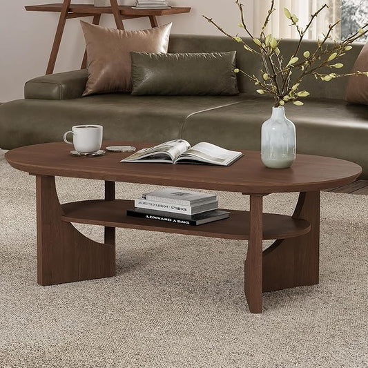 Mid Century Modern Coffee Table, 47" Oval Wood Coffee Tables for Living Room, 2 Tier Curved Round Center Table with Storage Shelf & Sturdy Base, Minimalist Retro Tea Tables, Walnut