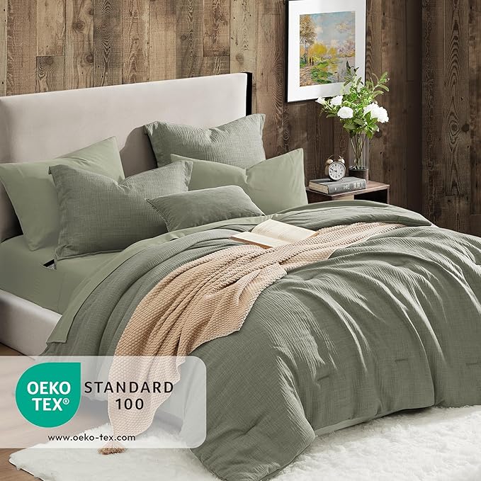 Geniospin Oversized King Comforter Sets - 7 Pieces Sage Green Oversized King Bedding Set, Solid Bed Set for All Season, Textured Bed in a Bag with Flat Sheet and Fitted Sheet, Pillowcases and Shams
