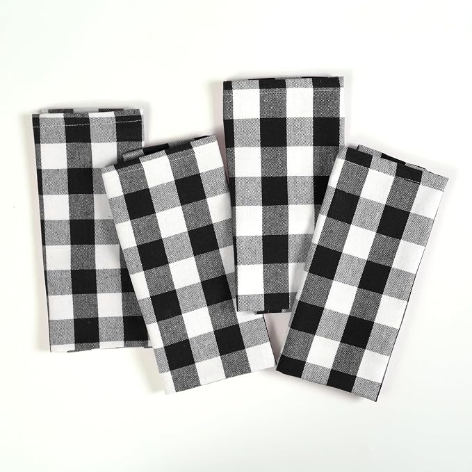 4 Pack Gingham Buffalo Check Kitchen Dish Towels 100% Cotton 16x26 Inches - Super Absorbent Quick Drying Hand Tea Towels, Restaurant Cleaning Towels with Hanging Loop, Black White